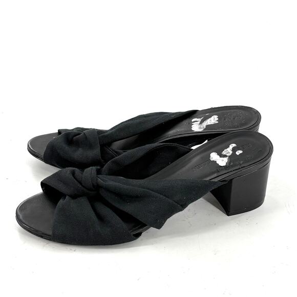 Rebecca Allen Twist Heels 10 Black Linen NWOT Sandals Mules Slip On Travel - Picture 6 of 11